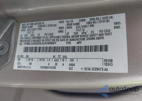 2018 Ford Escape Se из США, поврежденный, VIN 1FMCU0GDXJUC60907